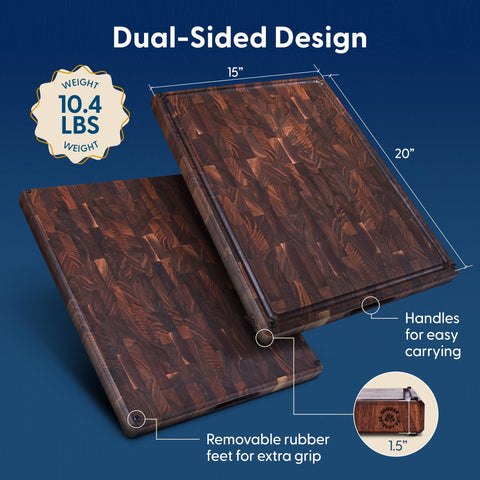 Welton board features non-slip feet and a deep juice groove for stable, clean prep.