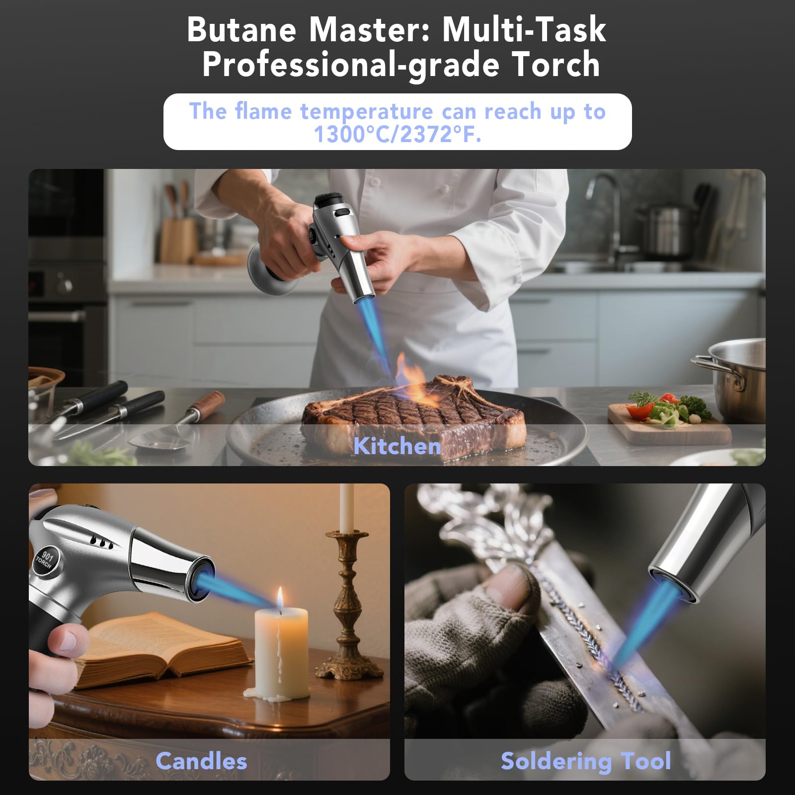Sondiko Creme Brulee Torch Piezo ignition for easy one-handed lighting.