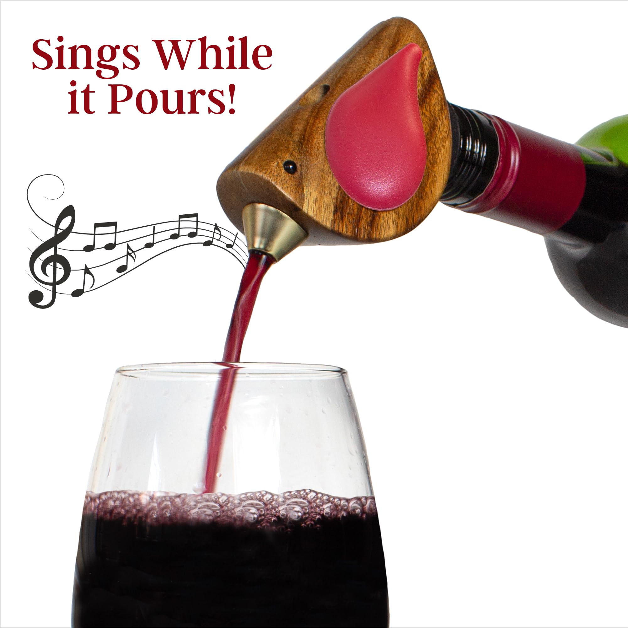 Songbird Specialties acacia wood pourer with red wings sits securely on the bottle.