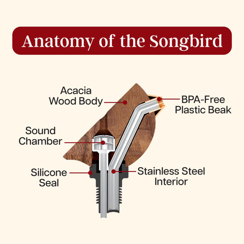 Songbird Specialties pourer brings whimsy to gatherings with cheerful song.