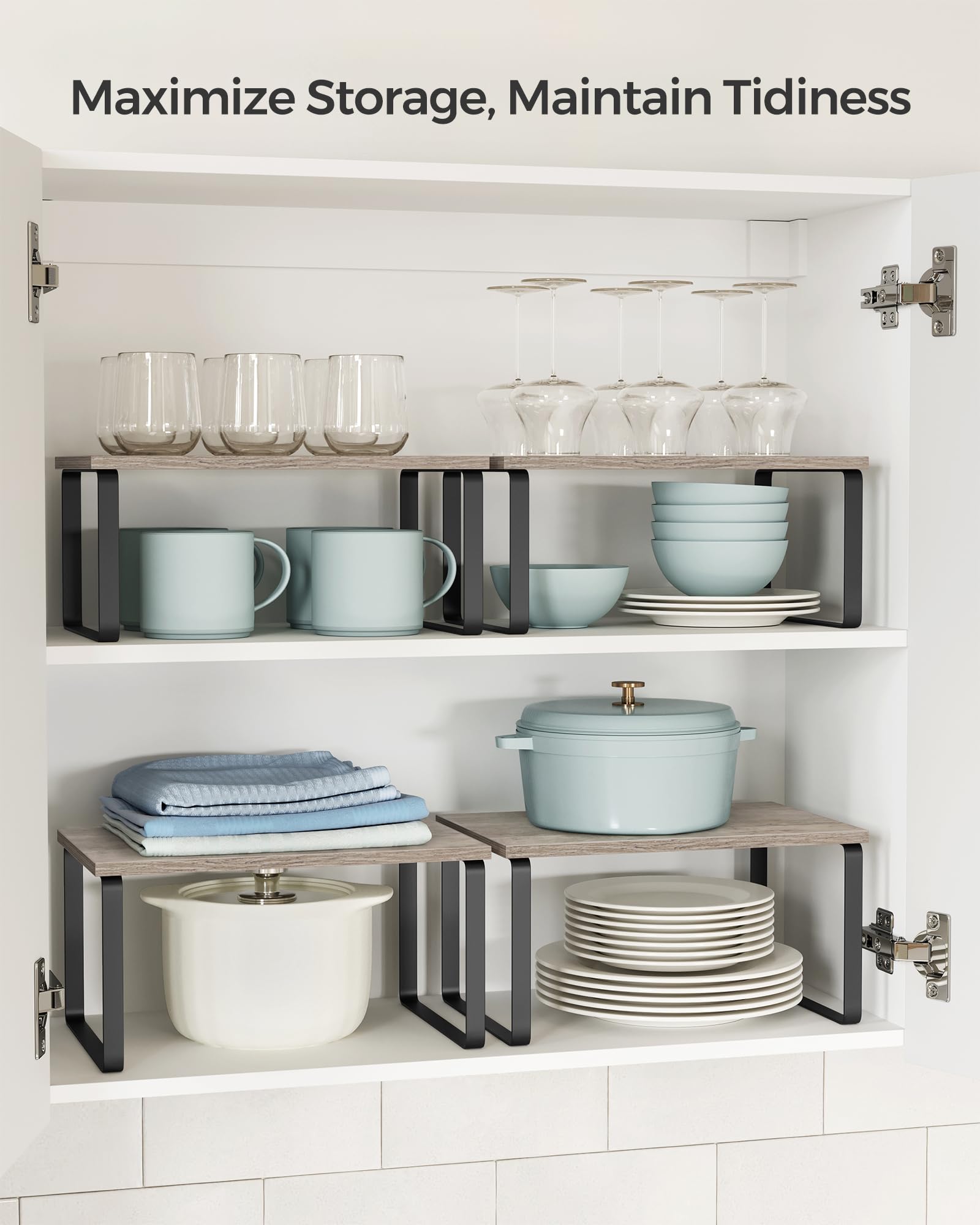 Songmics stackable shelves in ink black fit versatile spaces and expand storage.
