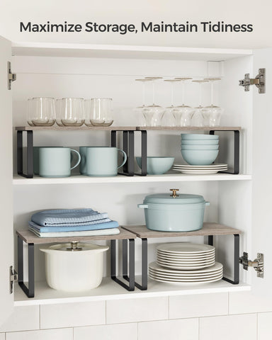 Songmics stackable shelves in ink black fit versatile spaces and expand storage.