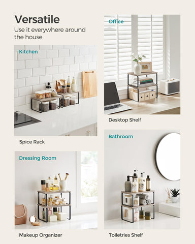 Songmics storage shelf on a bedroom desk keeps items tidy and within reach.