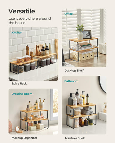 Songmics cabinet organizer in L-shape configuration fits tight corners for efficient storage