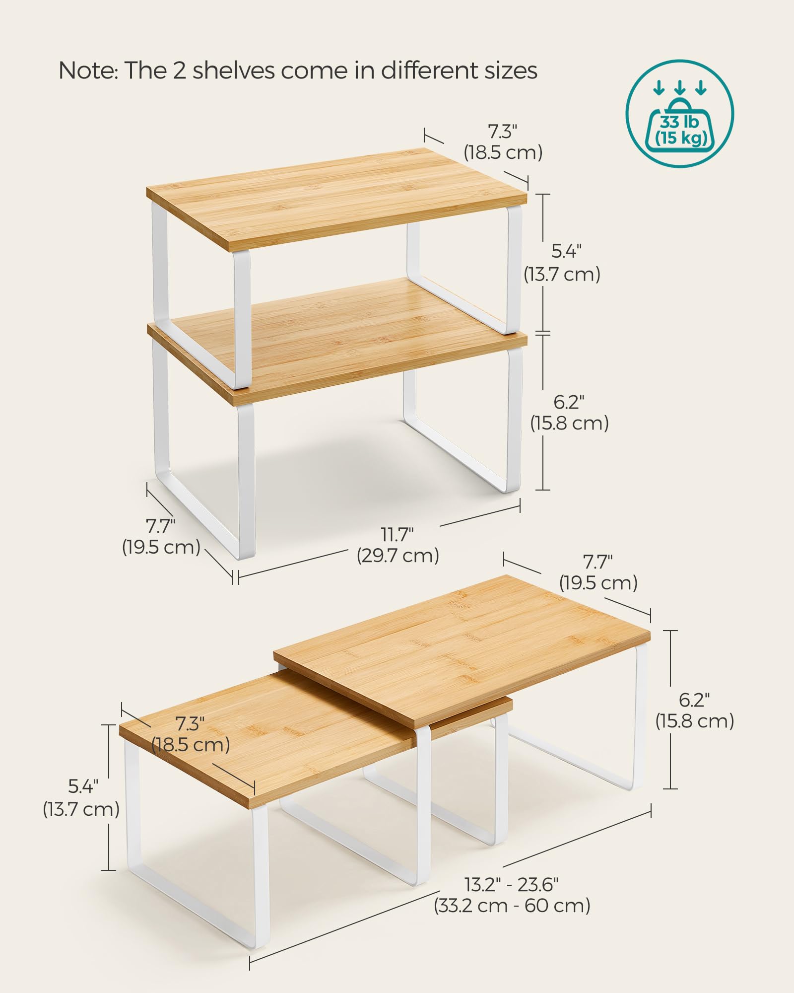 SONGMICS cabinet organizer shelf in natural beige, versatile for cans and cookbooks.