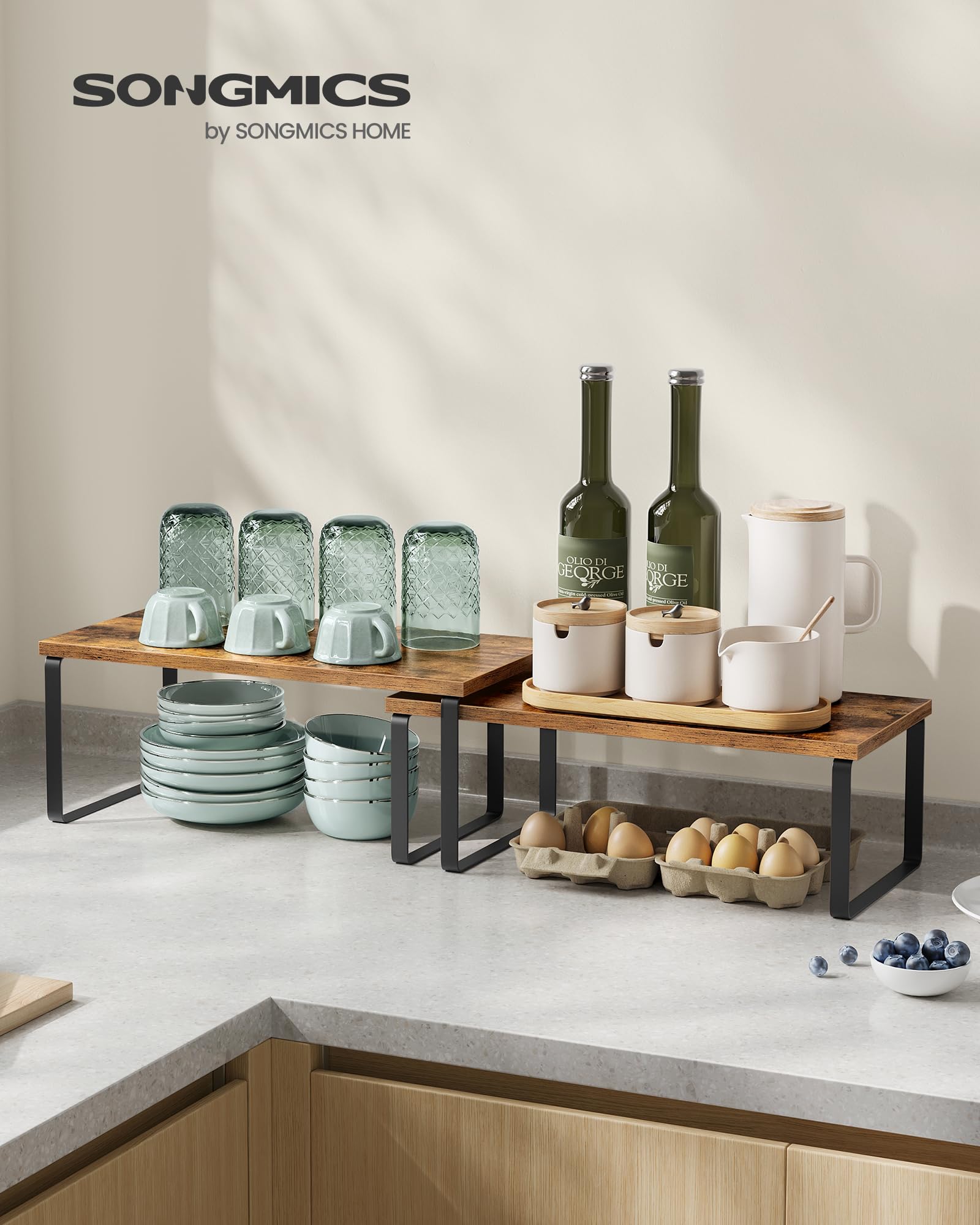 SONGMICS cabinet organizer in rustic brown adds a warm, contemporary touch to the kitchen shelf.