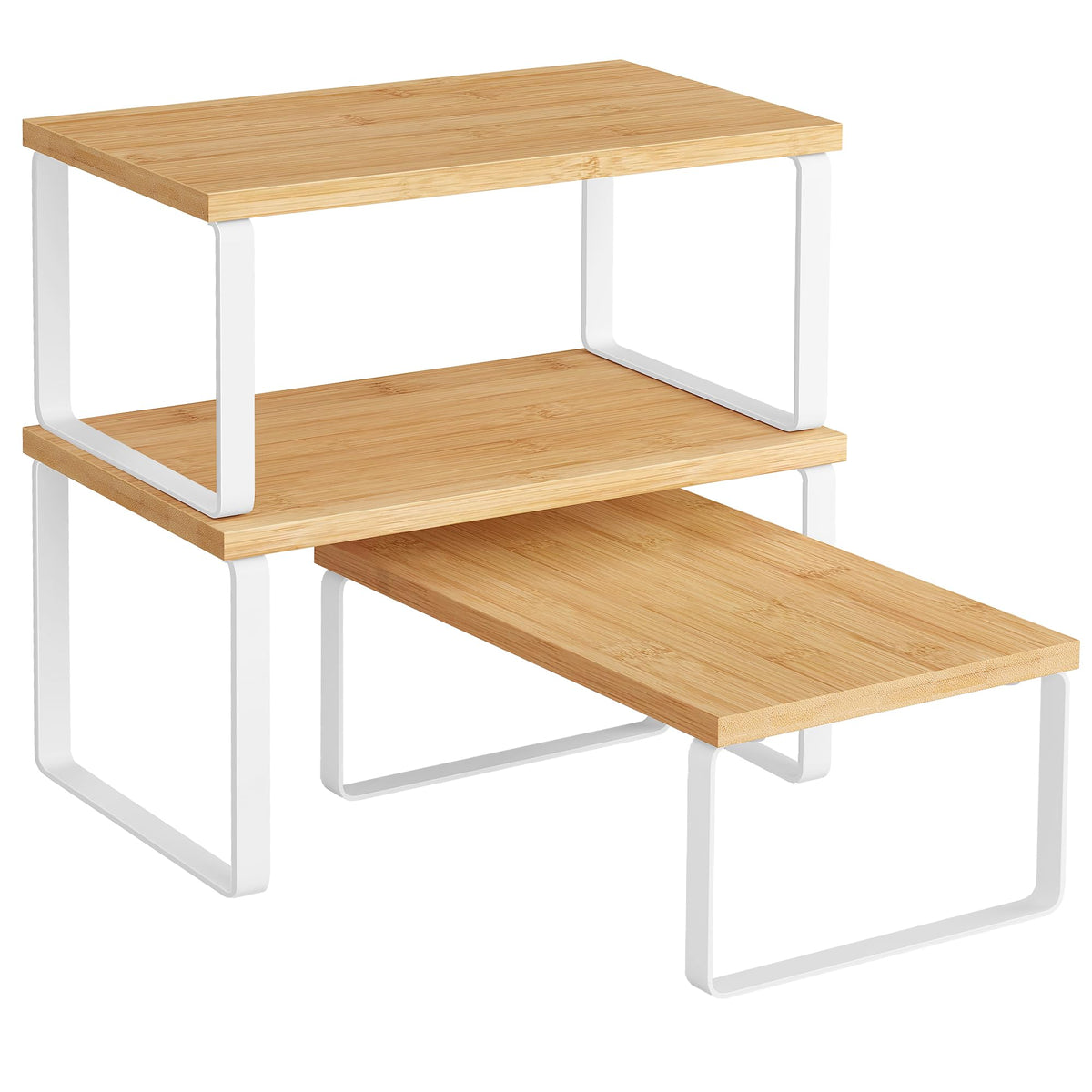 Songmics cabinet organizer shelf 3-tier stacks to declutter kitchen counters.