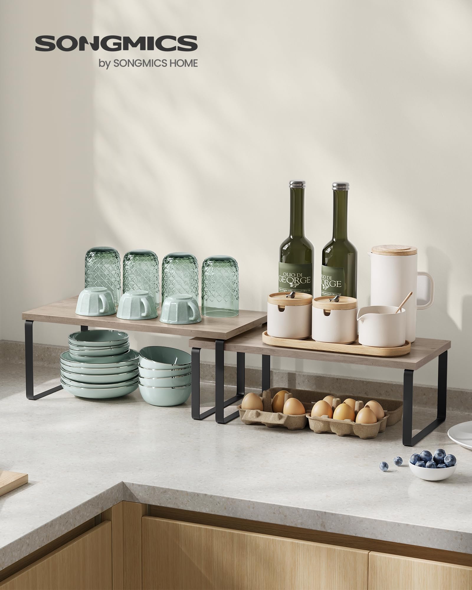 SONGMICS cabinet organizer shelf in Heather Greige shows stacked versatility for compact spaces.