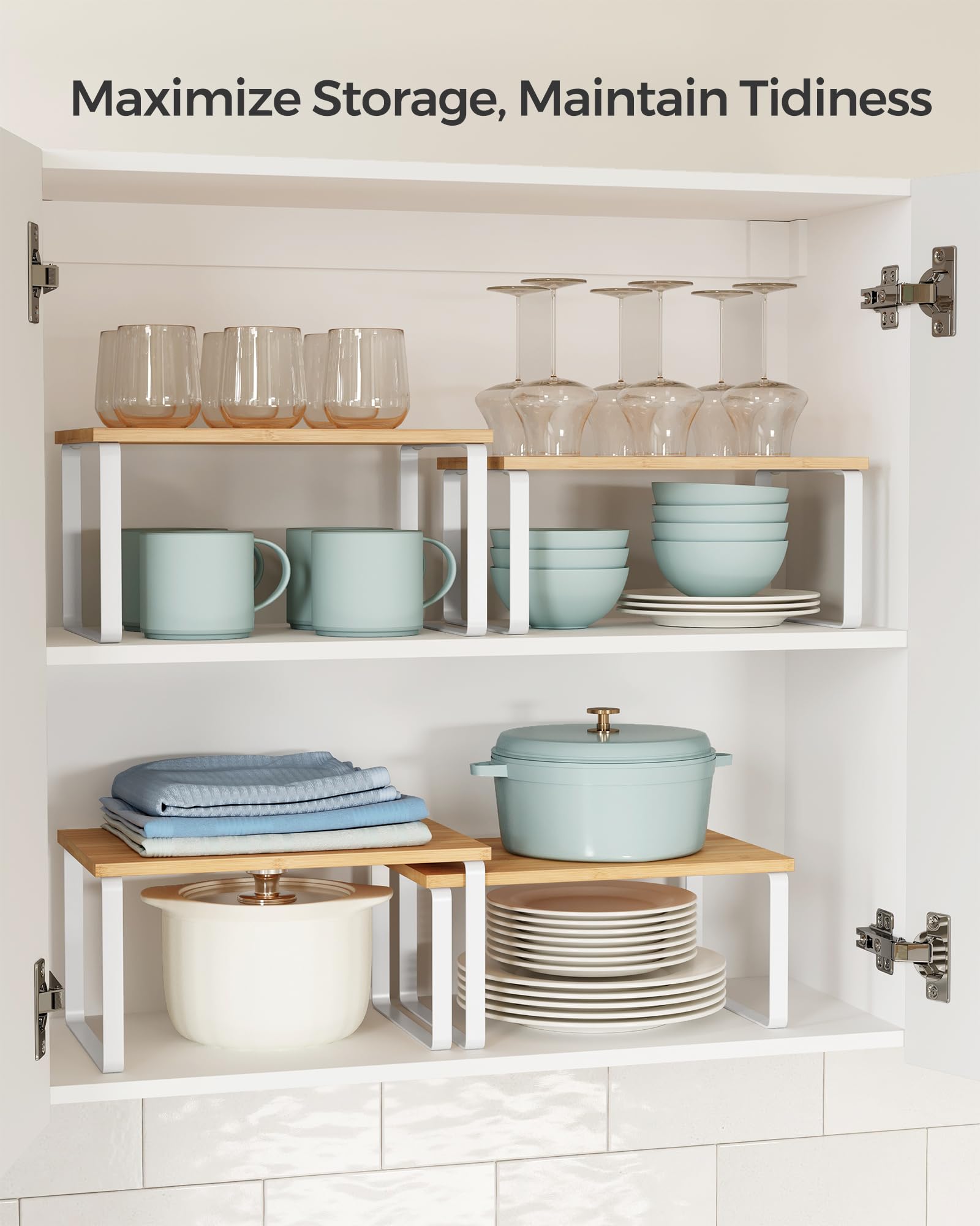 SONGMICS cabinet organizer shelf arranged in various layouts to fit unique spaces