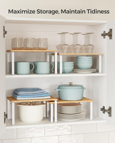 SONGMICS cabinet organizer shelf arranged in various layouts to fit unique spaces