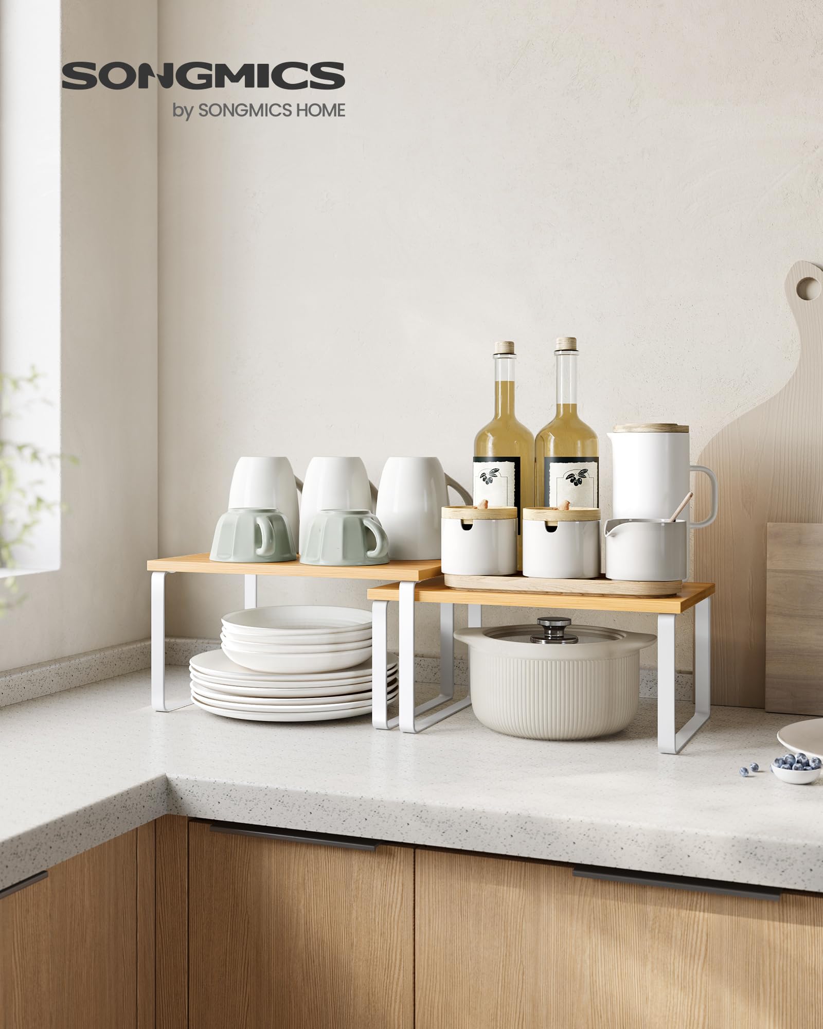 SONGMICS cabinet organizer shelf stacked configuration shows expandable storage options