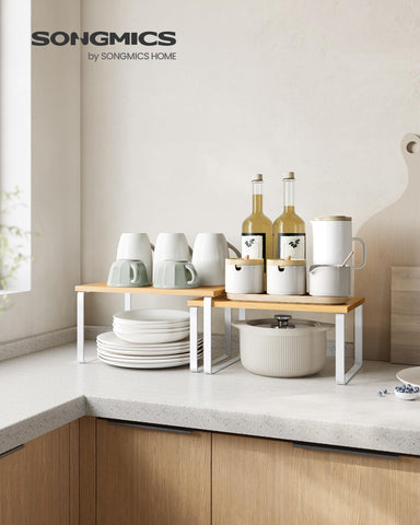 SONGMICS cabinet organizer shelf stacked configuration shows expandable storage options