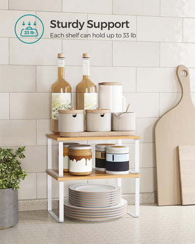 SONGMICS cabinet organizer shelf features wood top and metal frame for modern flair