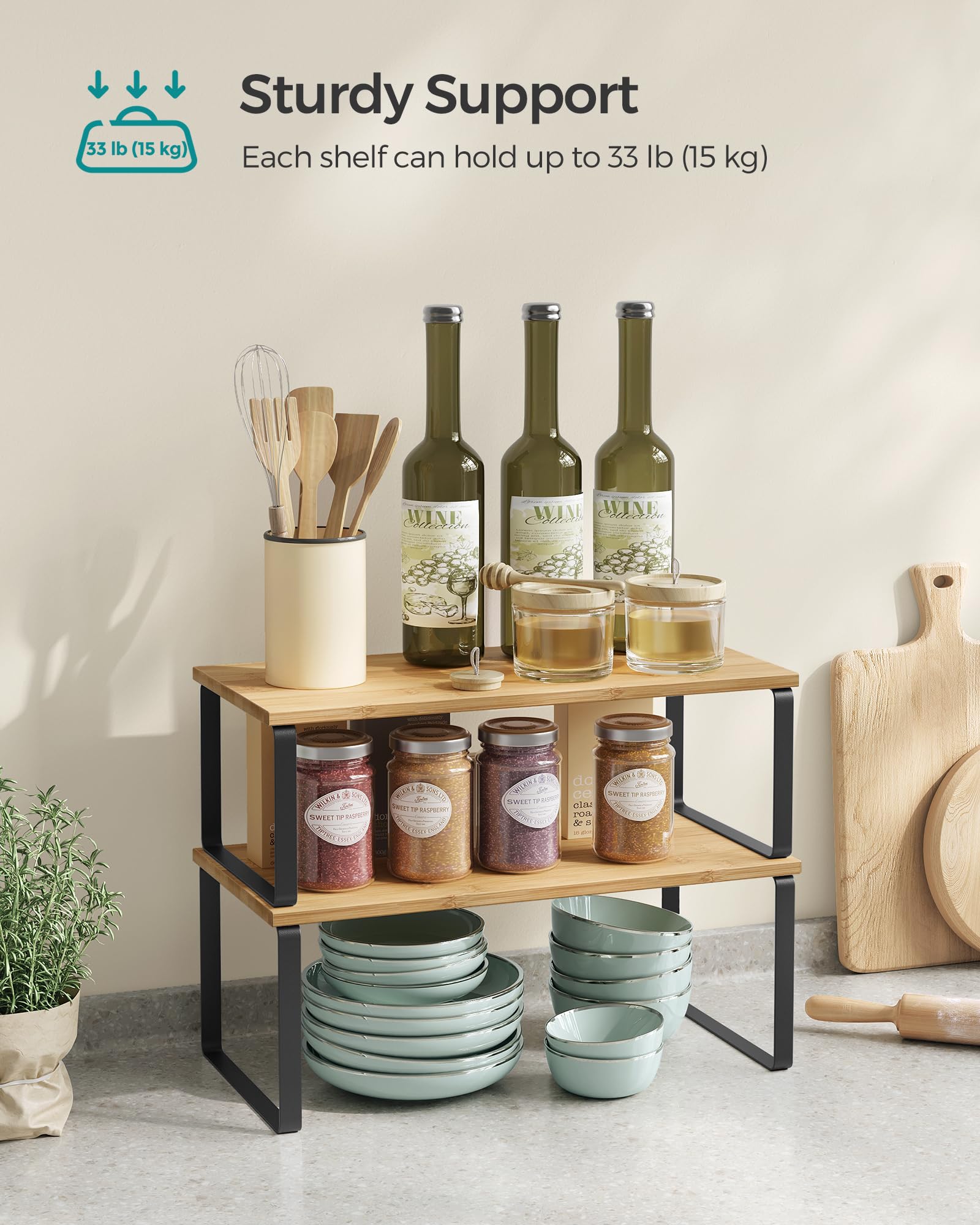 Songmics cabinet organizer includes two small and two large shelves for flexible layouts