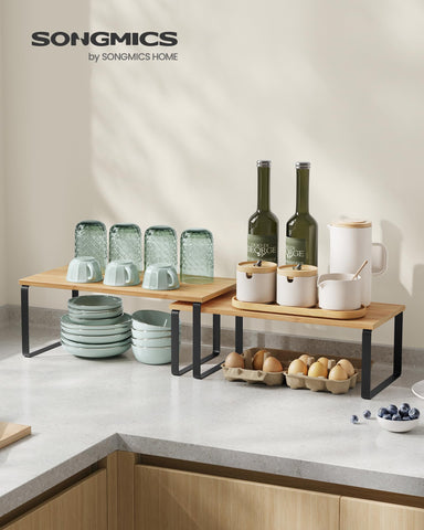 Songmics cabinet organizer four-shelf stackable configuration improves storage and accessibility