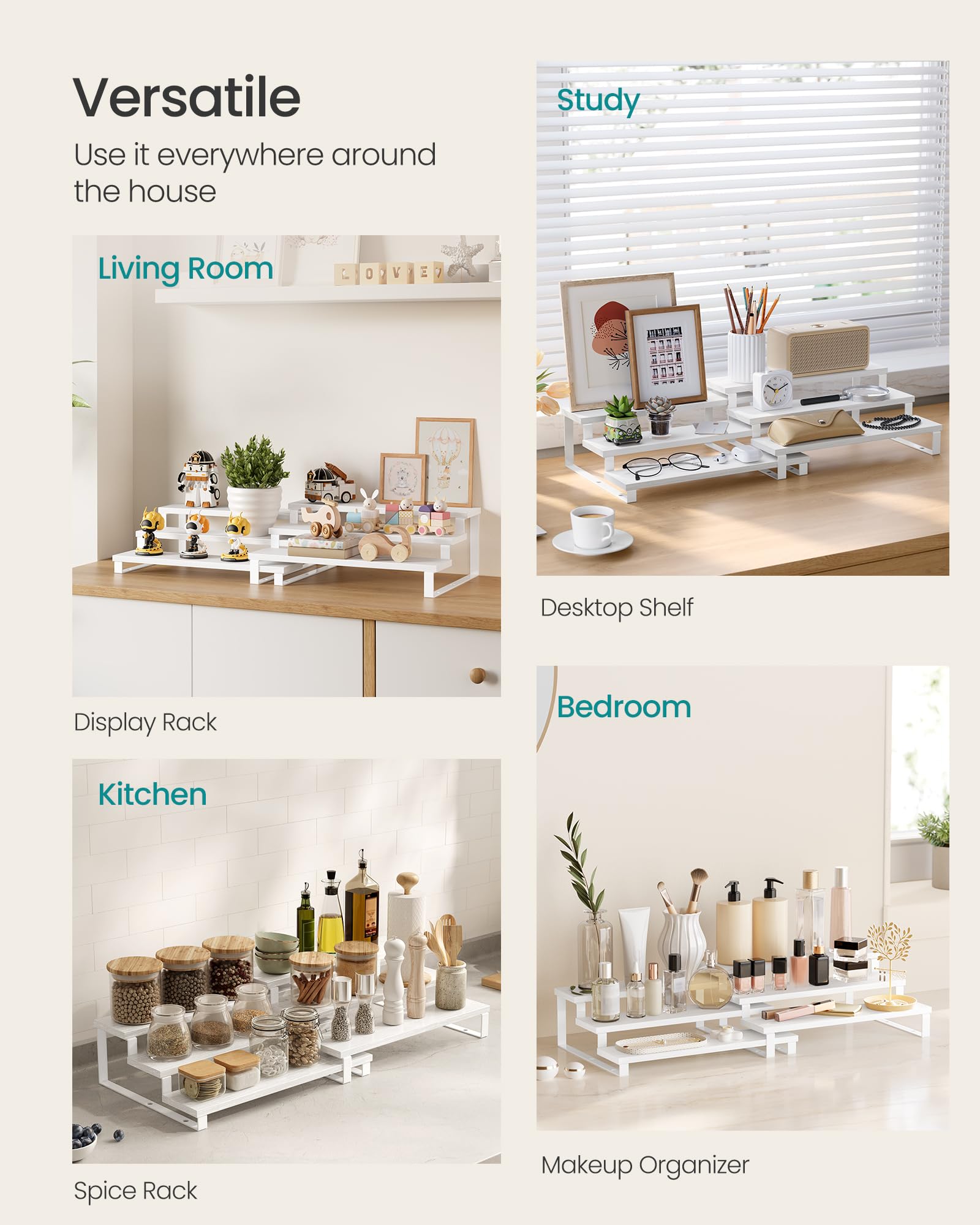 Songmics display risers in action as spice, perfume, or dessert organizer.