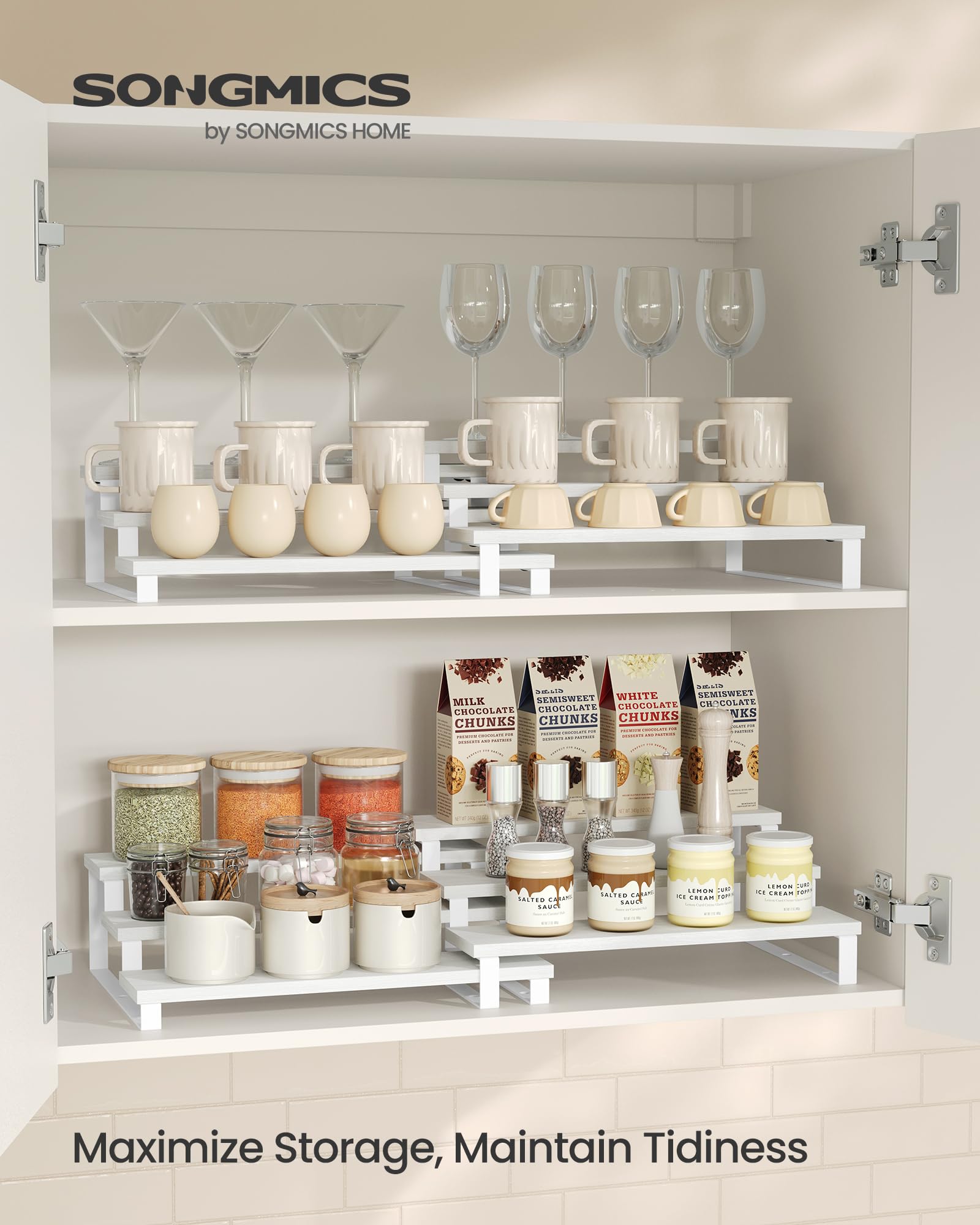 Songmics display risers close-up of 3-inch tier depth demonstrates clear visibility for jars.