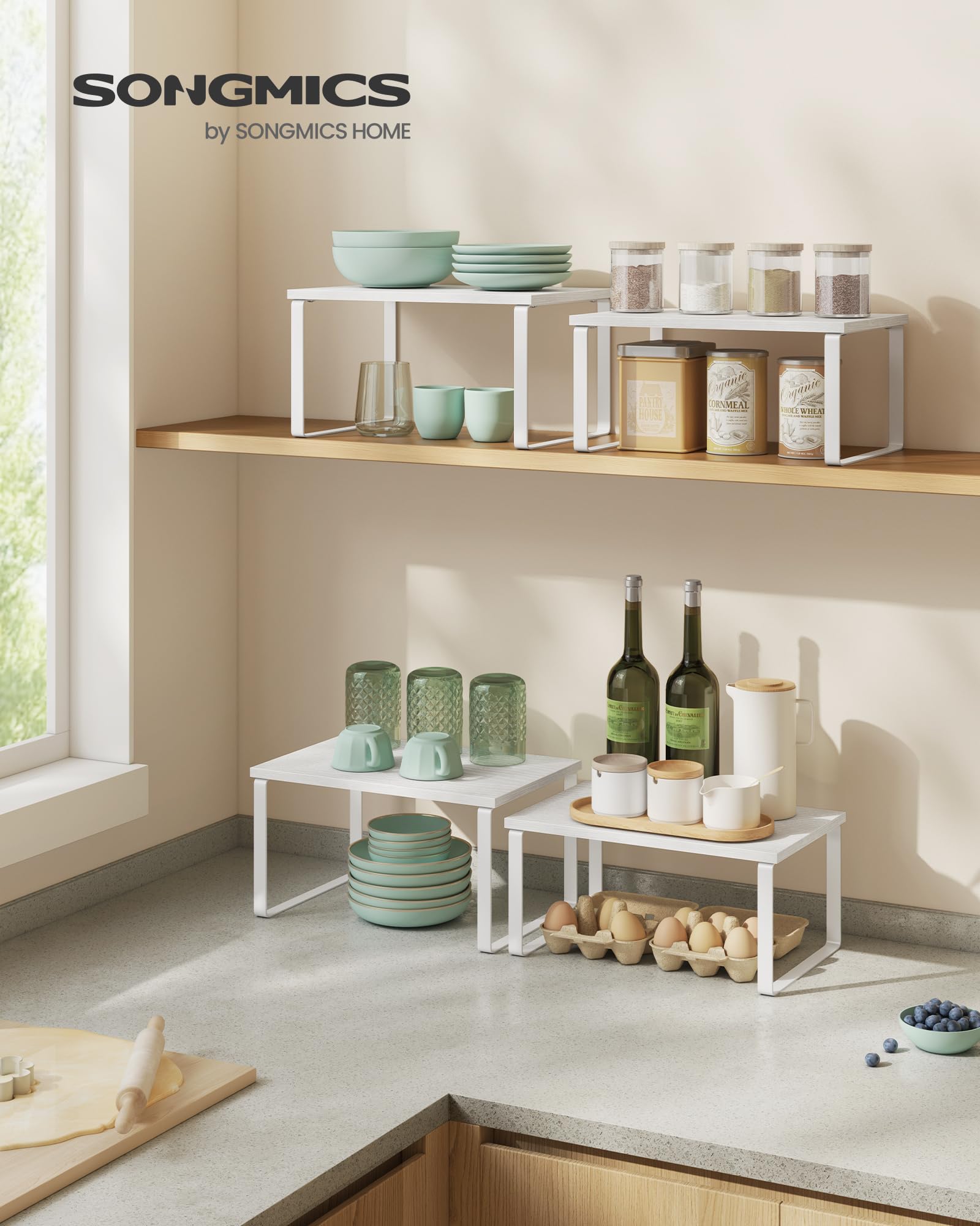SONGMICS engineered wood tops with white metal frame add modern countertop organization