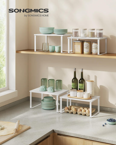 SONGMICS engineered wood tops with white metal frame add modern countertop organization