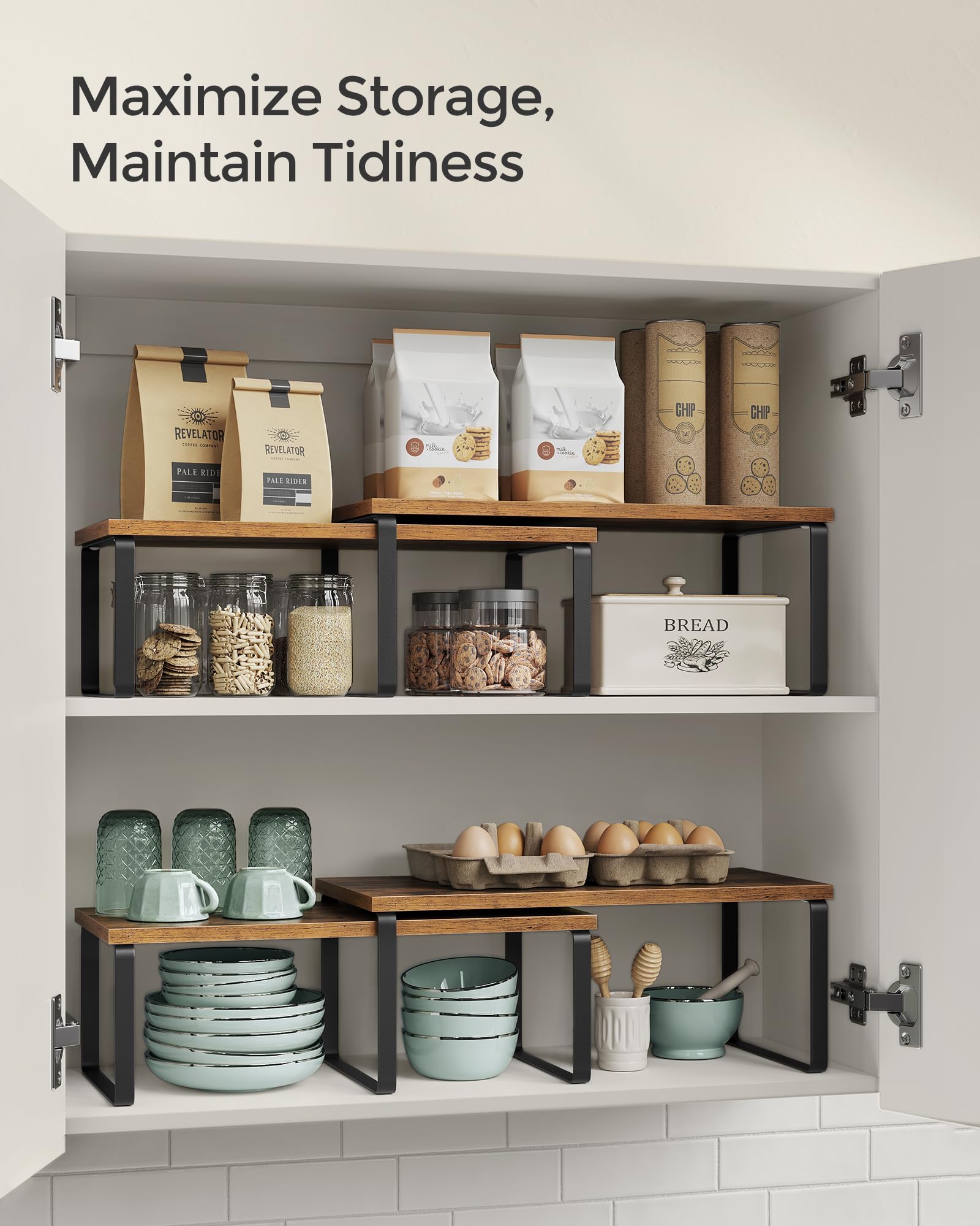 SONGMICS expandable kitchen shelves adapt to your layout for flexible storage needs.