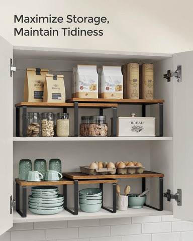 SONGMICS expandable kitchen shelves adapt to your layout for flexible storage needs.