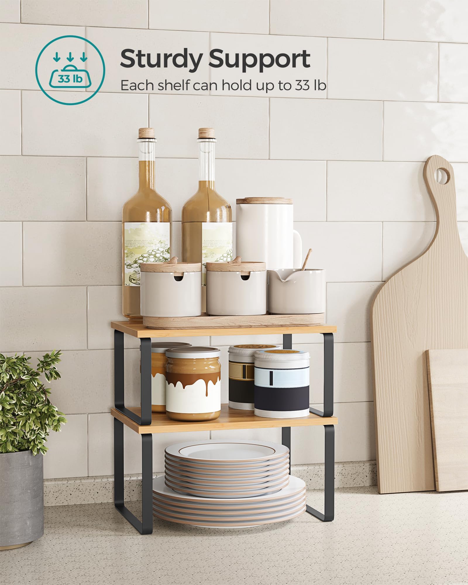 Songmics four-shelf setup adapts to corners, countertops, or under-counter storage.