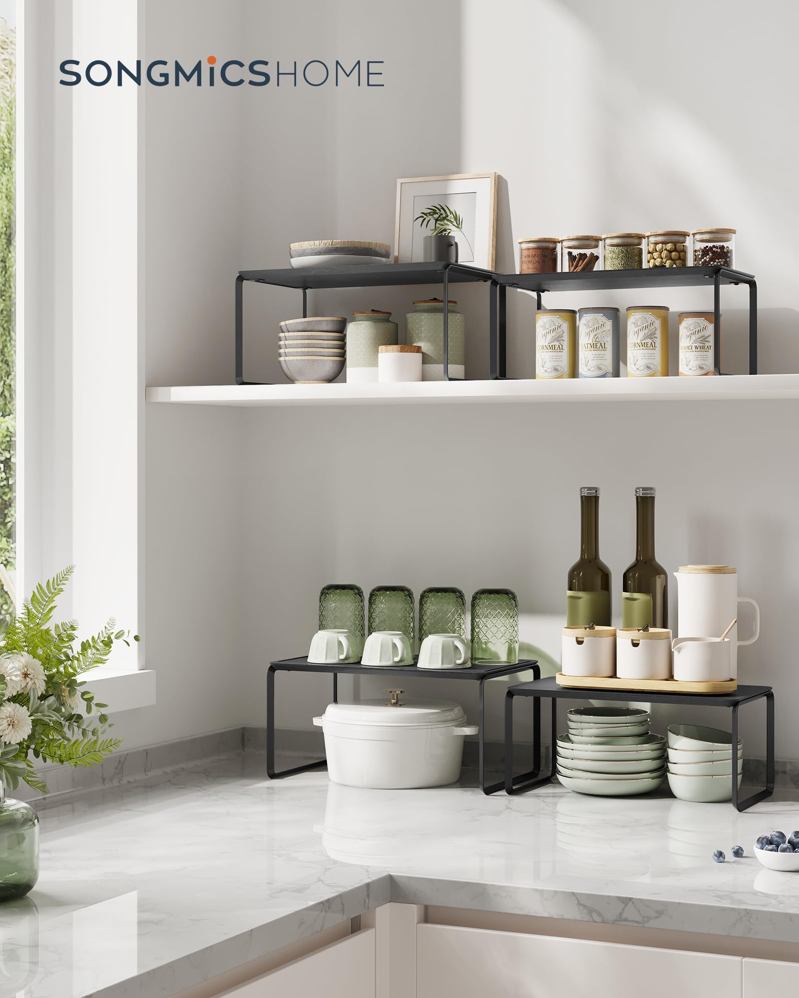 SONGMICS HOME bamboo cabinet organizer showing cans and utensils organized for quick prep