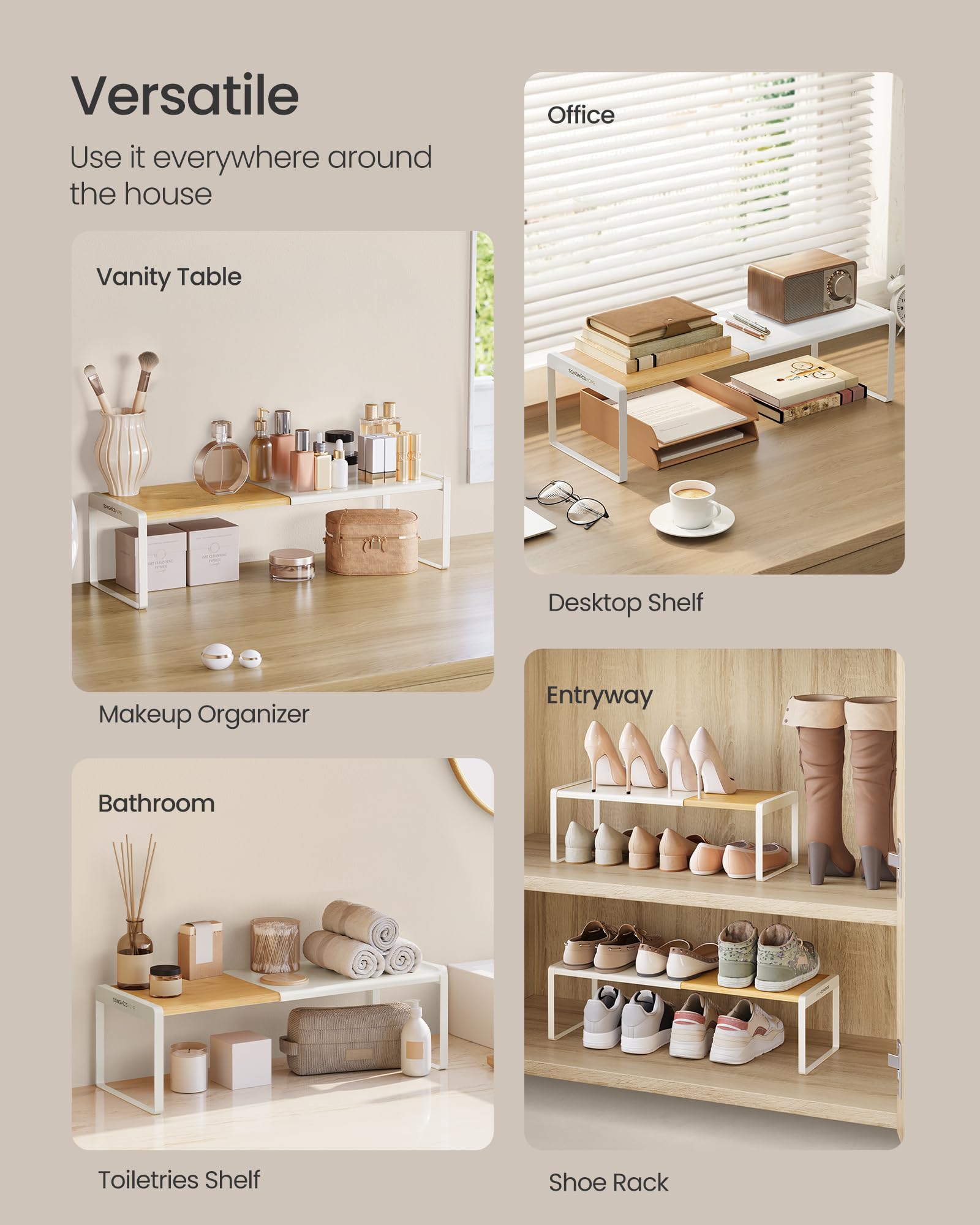 Songmics Home spice rack's natural beige and cream colors elevate decor.