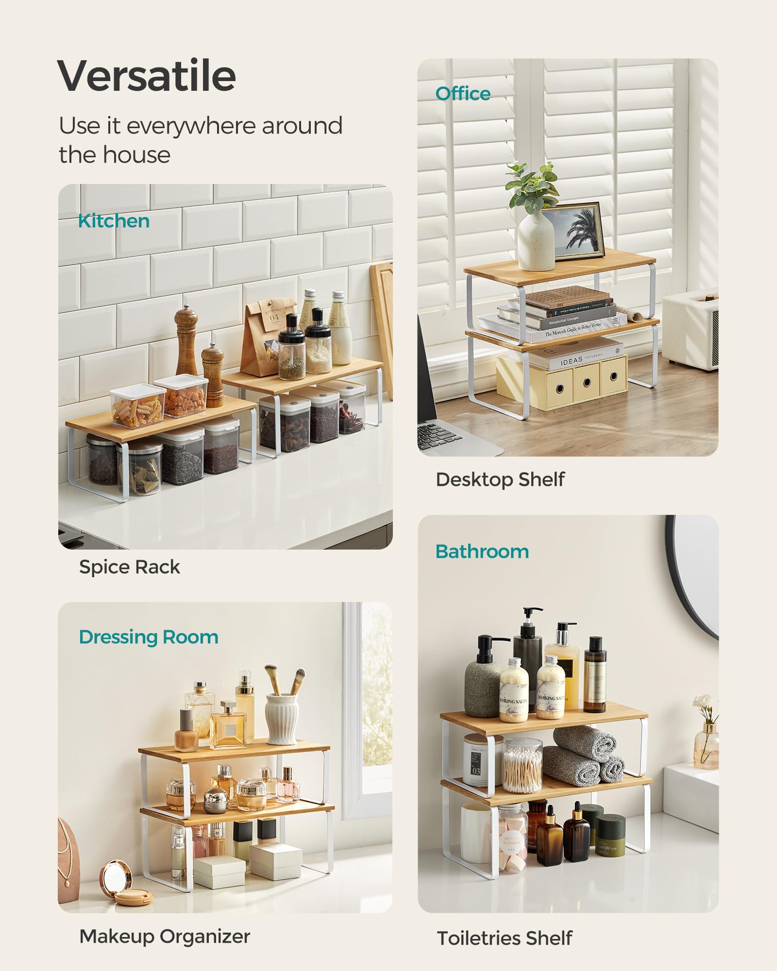 SONGMICS kitchen counter setup showing sturdy metal and engineered wood