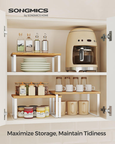 Songmics kitchen counter spice rack set displays jars neatly for quick access.
