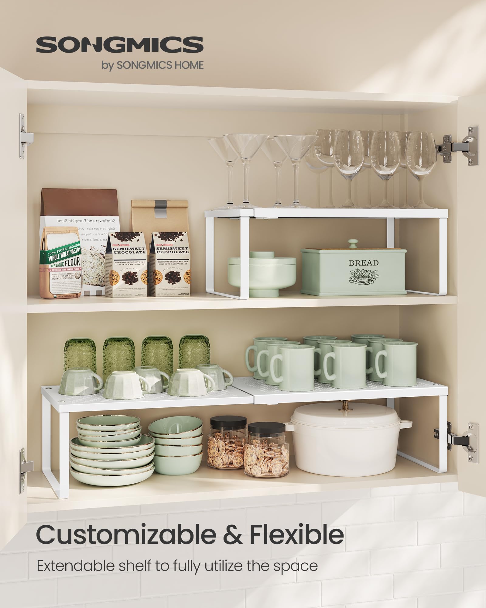 SONGMICS stackable kitchen shelf on countertop with chic perforated design