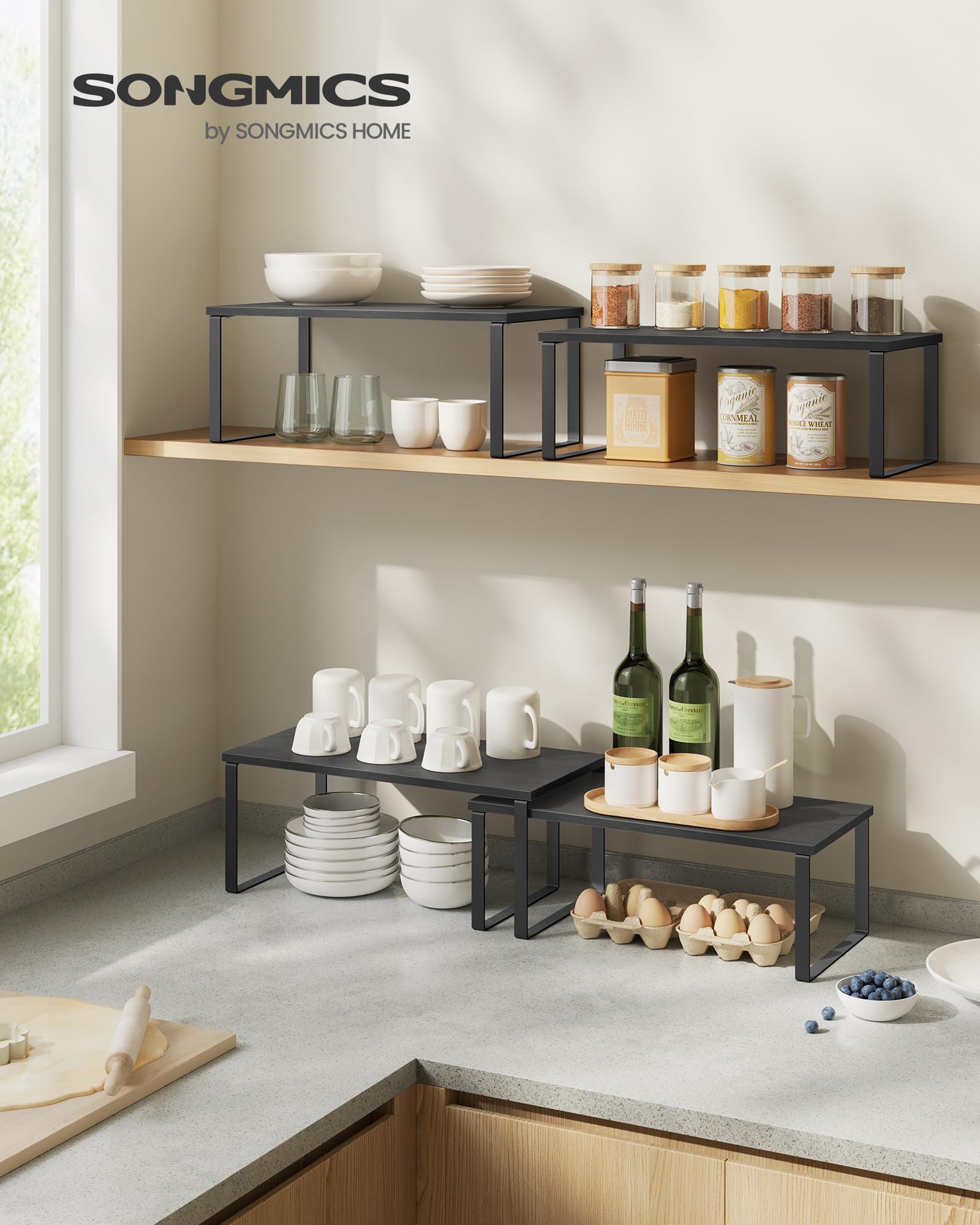 Songmics spice rack in ink black neatly displays jars for organized cooking