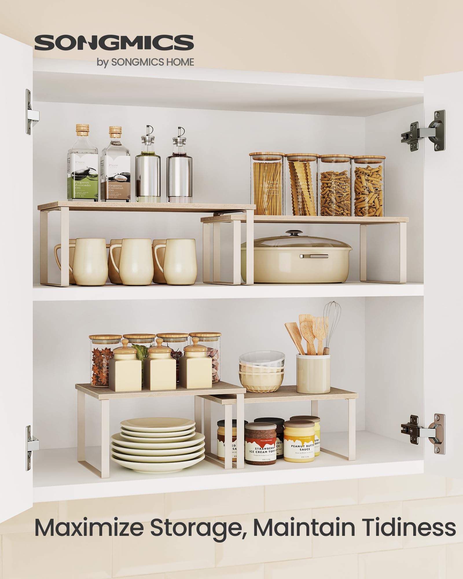 SONGMICS kitchen spice rack in Travertine Beige offers easy jar access