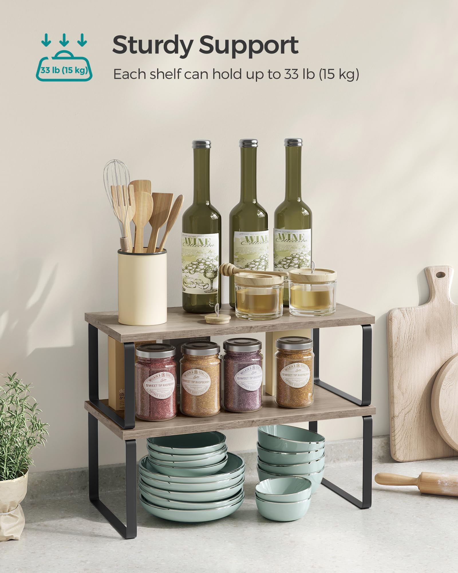 SONGMICS adjustable cabinet organizer demonstrates flexible layout to fit your kitchen.