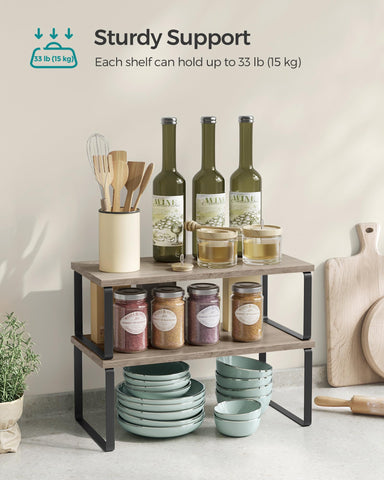 SONGMICS adjustable cabinet organizer demonstrates flexible layout to fit your kitchen.