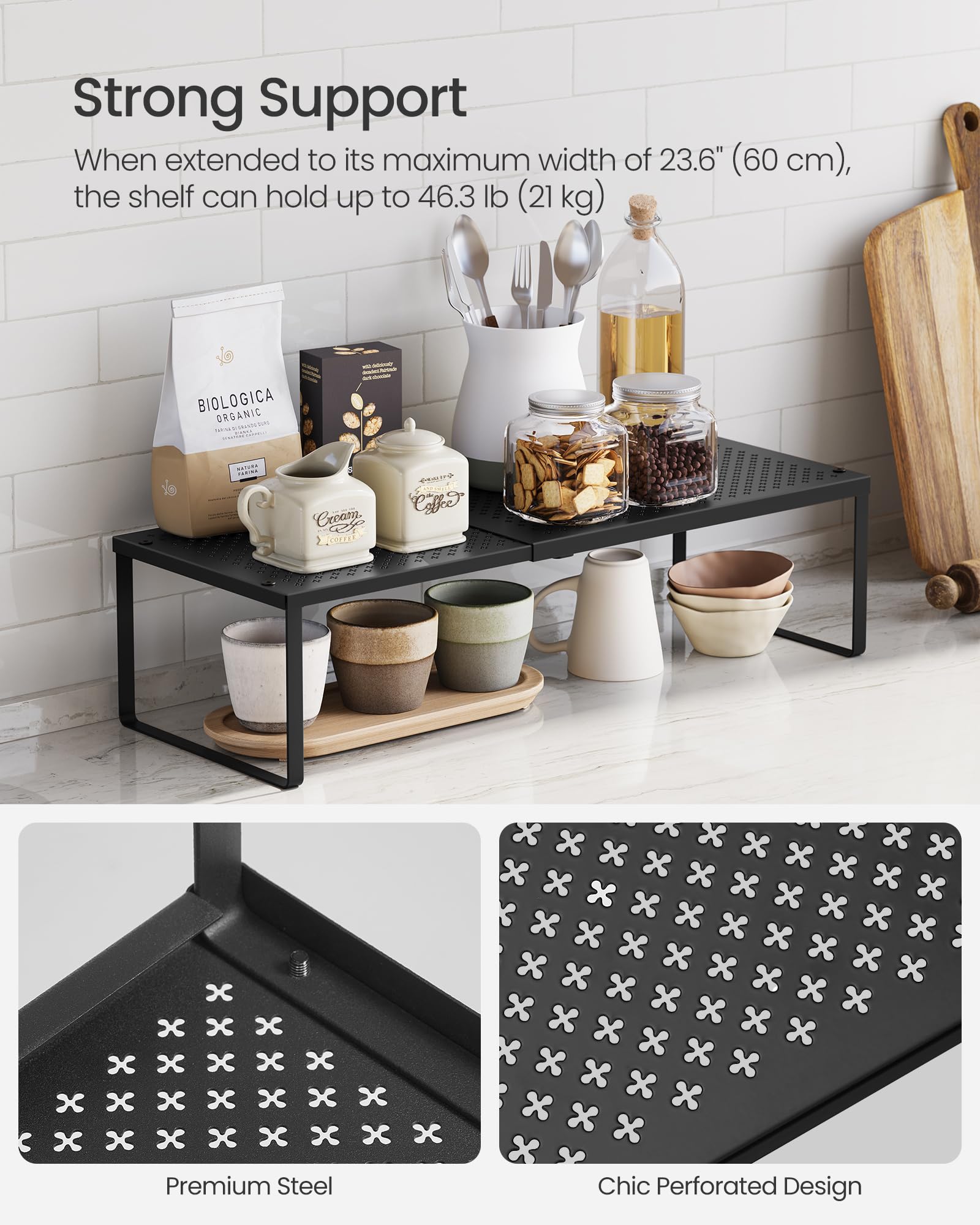 SONGMICS heavy-duty metal shelves provide sturdy support for cans and small appliances