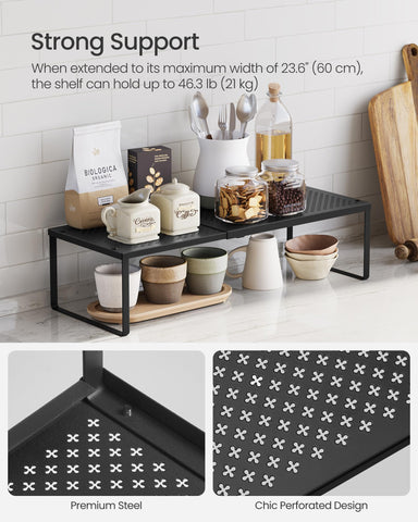 SONGMICS heavy-duty metal shelves provide sturdy support for cans and small appliances