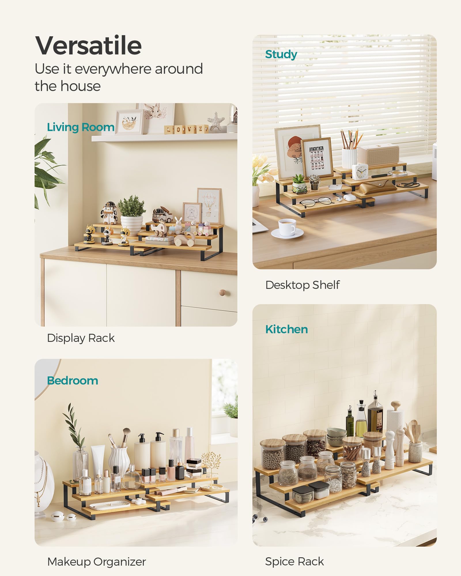 SONGMICS shelf risers for figures provide a neat elevated display