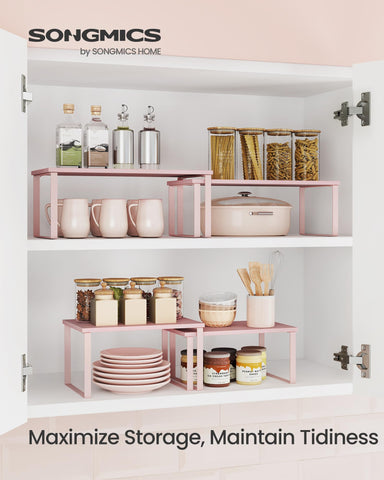 Songmics spice rack on counter keeps jars within reach and neatly displayed.