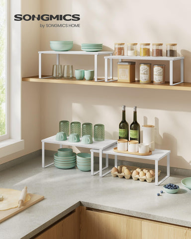 Songmics spice rack stackable for kitchen saves counter space and improves organization.