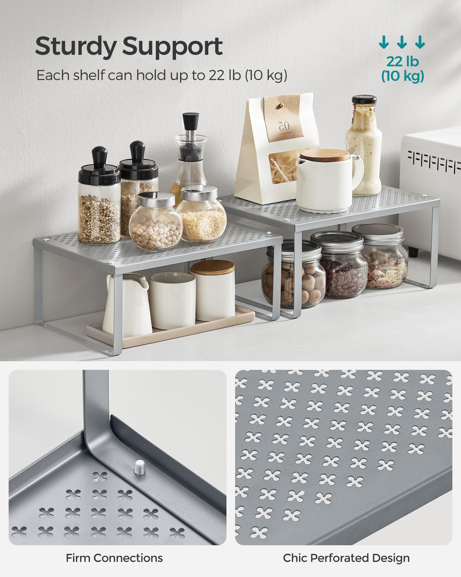SongMics Spice Racks compact design with strong construction supports diverse pantry items.