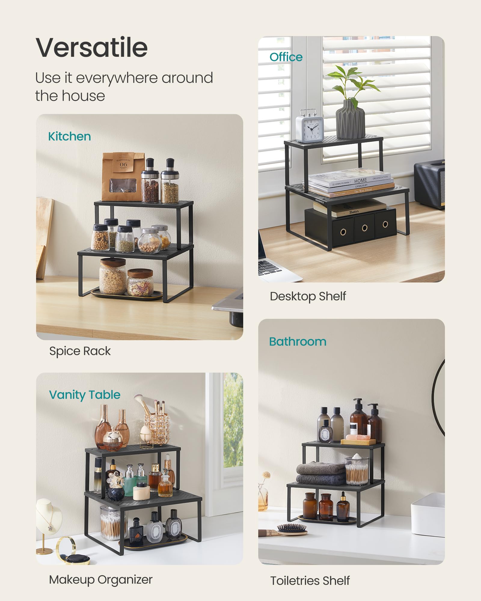 SONGMICS Spice Racks shown on countertop provide a practical display.