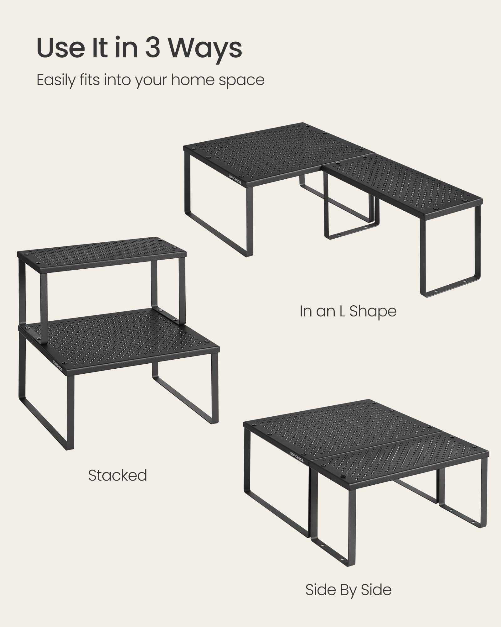 SONGMICS Spice Racks large and small shelves measure 11 in D by 12.6 in W by 6.1 in H and 5.5 in D by 12.6 in W by 6.1 in H.