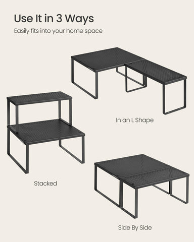 SONGMICS Spice Racks large and small shelves measure 11 in D by 12.6 in W by 6.1 in H and 5.5 in D by 12.6 in W by 6.1 in H.