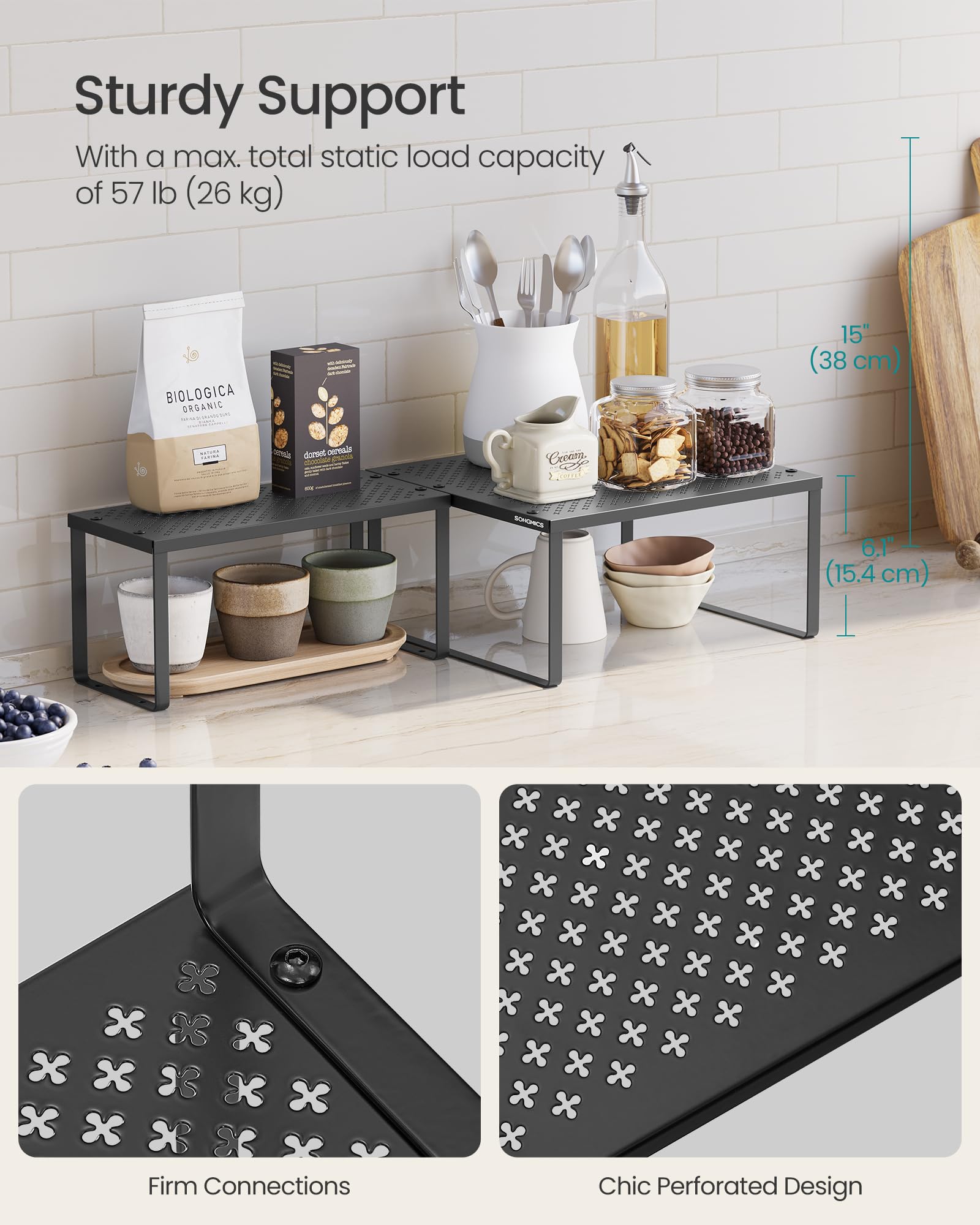 SONGMICS Spice Racks offer flexible arrangement for various kitchen layouts.