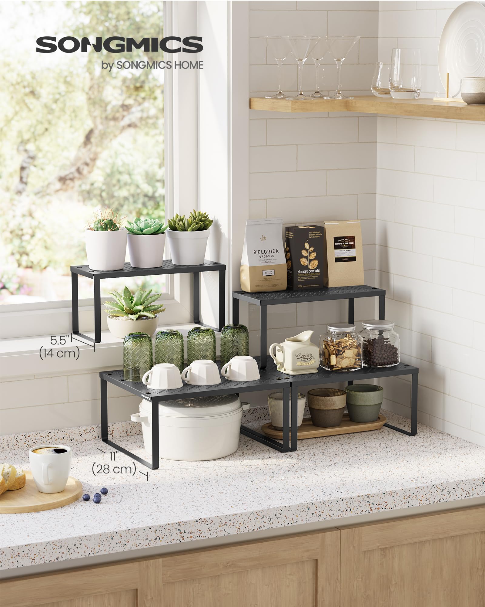 SONGMICS Spice Racks with perforated design decorate counter while organizing spices.