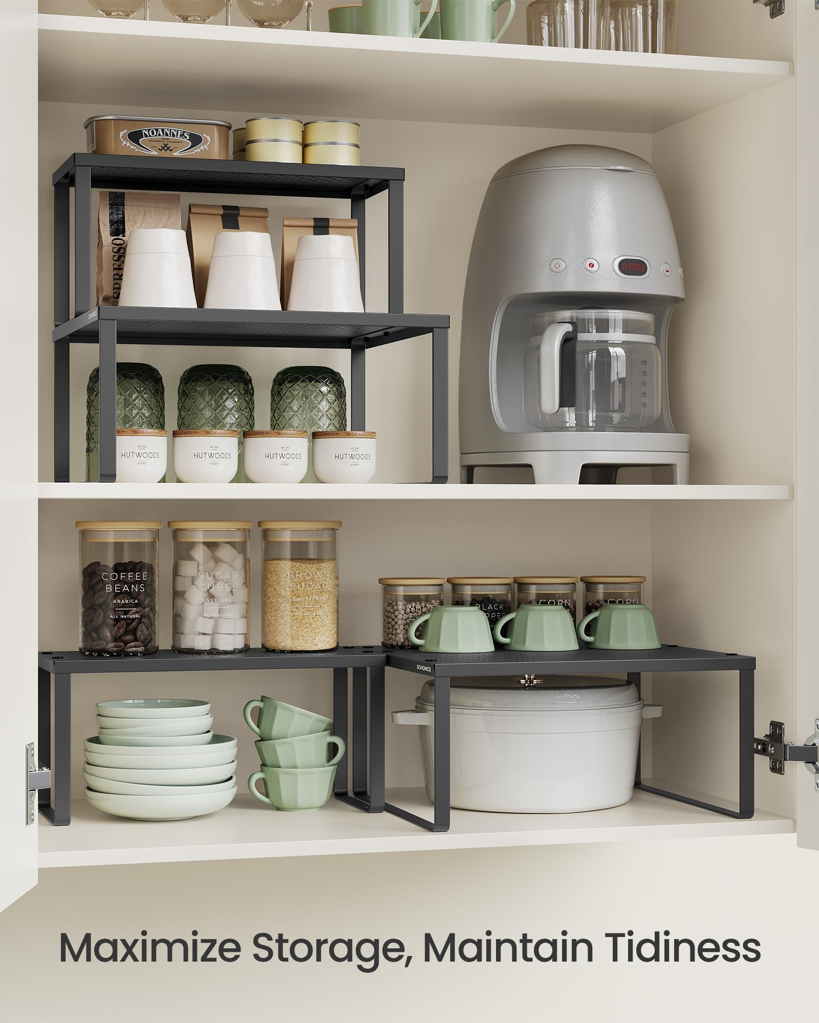 SONGMICS Spice Racks stack to increase vertical storage for mugs and jars.