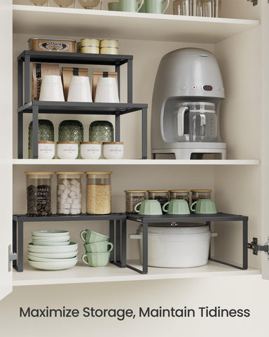 SONGMICS Spice Racks stack to increase vertical storage for mugs and jars.