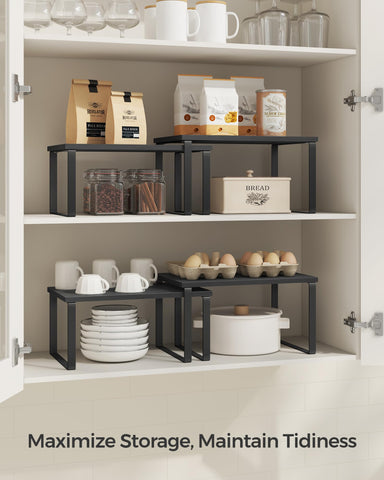 SongMics stackable shelves in ink black maximize countertop storage space.