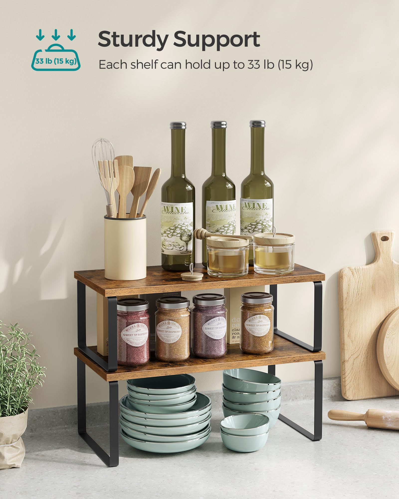 SONGMICS stackable storage shelves maximize cabinet space while staying easy to reorganize.